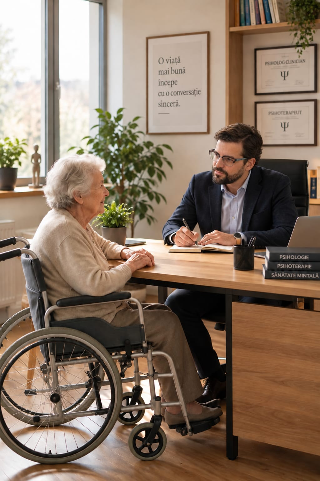 Psiholog clinician în consultație cu o persoană cu mobilitate redusă, aflată în scaun cu rotile, în cadrul unei evaluări psihologice pentru dosarul de handicap